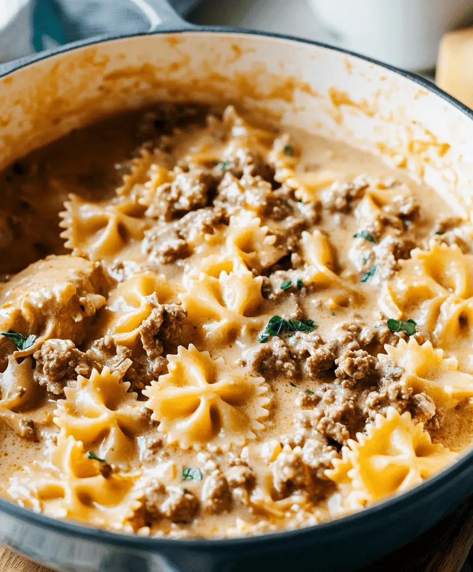Close-up of Cheesy Beef and Bowtie Pasta in Garlic Butter, showing the creamy sauce and pasta.