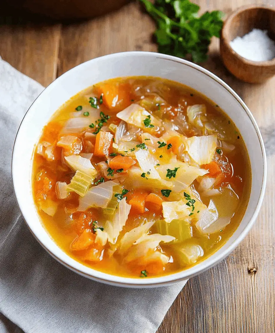 A close-up of a bowl of healthy cabbage fat-burning soup, garnished with fresh parsley.