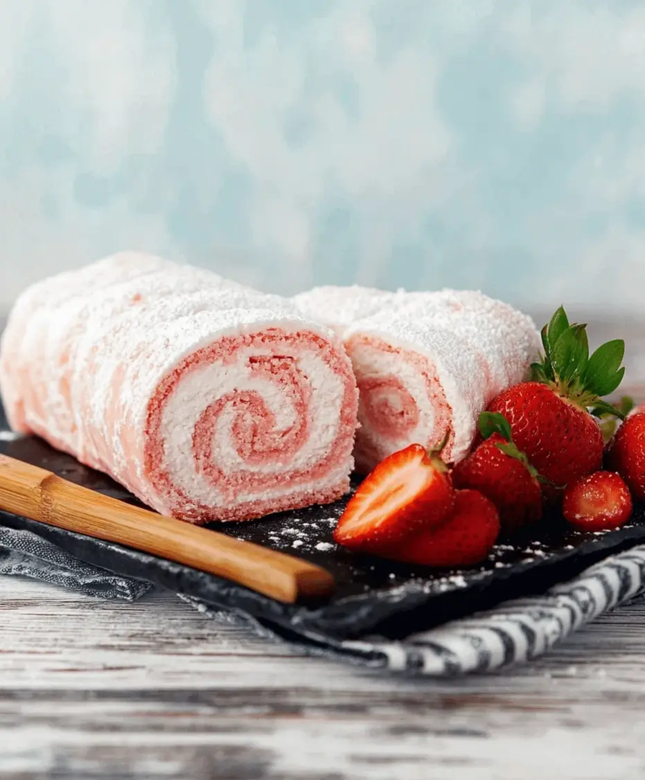 Close-up of a Strawberry Shortcake Cheesecake Roll showing the swirled filling.