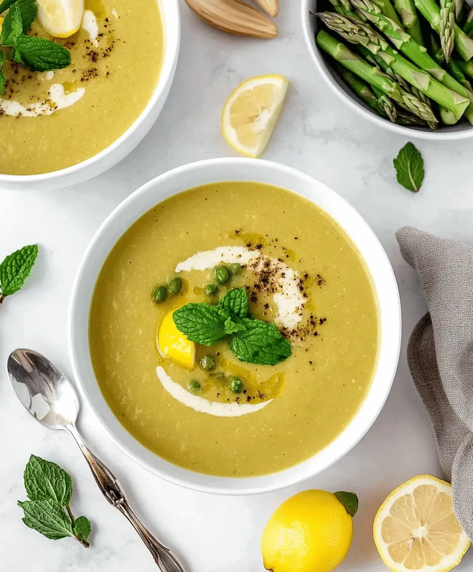 Bowl of vibrant green asparagus soup garnished with mint