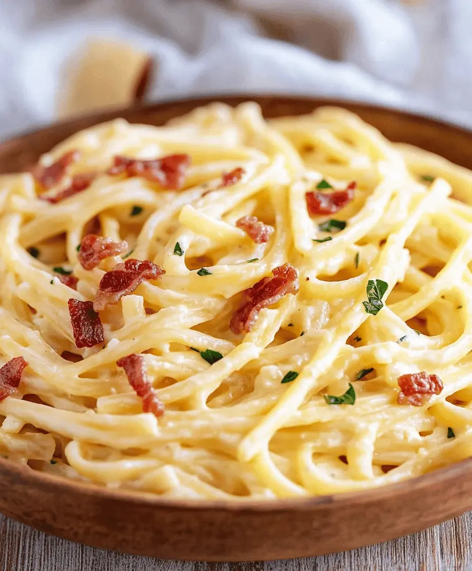 Close-up of creamy bacon pasta with parsley