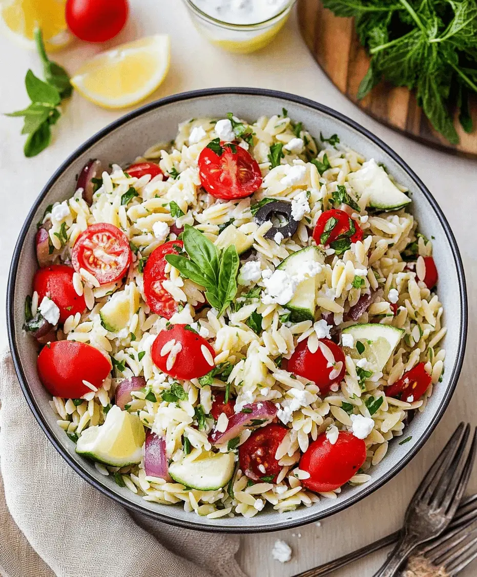 Close-up of Greek Orzo Pasta Salad in a bowl