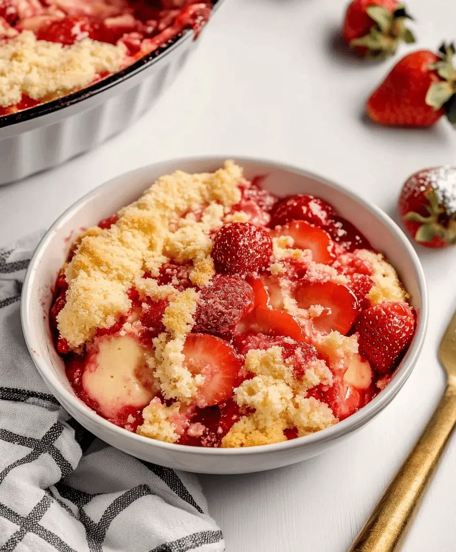 Slice of Strawberry Cheesecake Dump Cake served with whipped cream