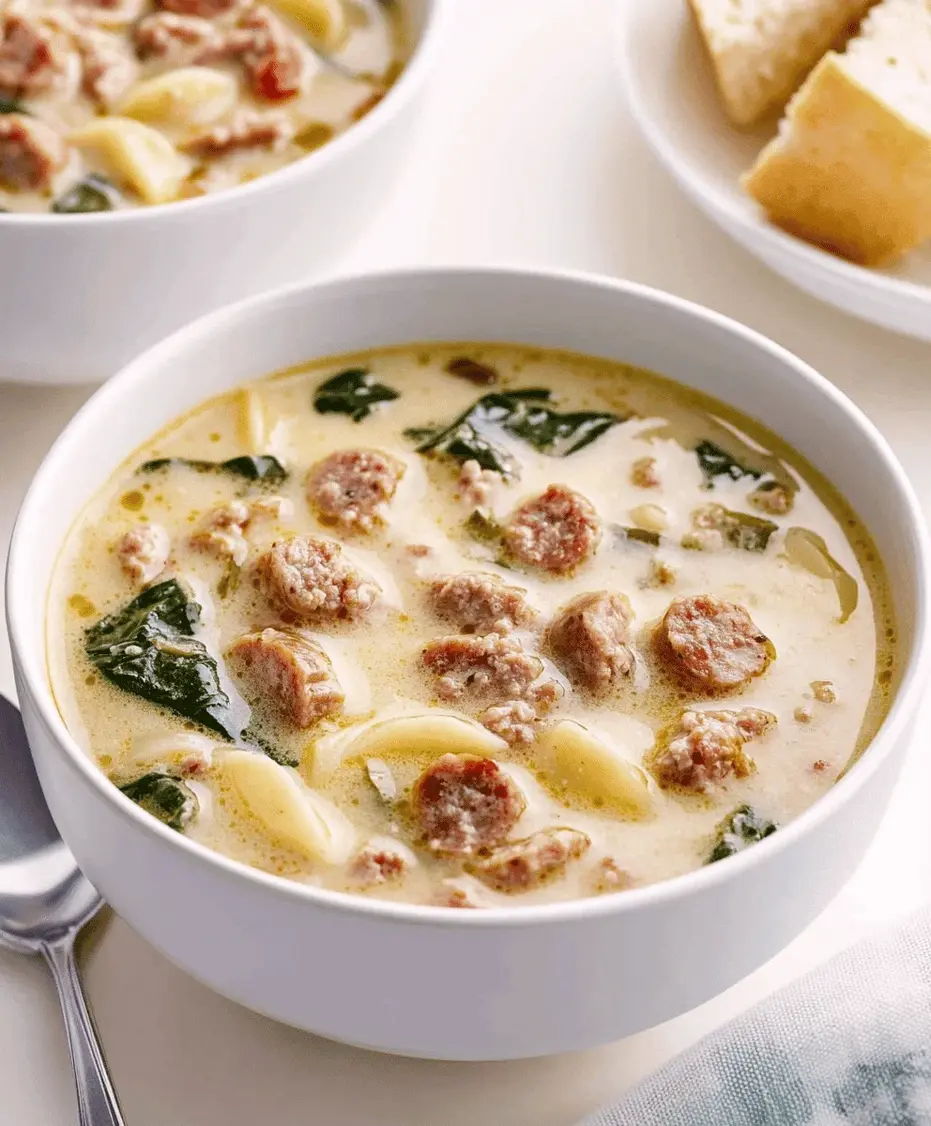 A close-up shot of the hearty Zuppa Toscana soup in a bowl, highlighting the texture of the potatoes and kale.