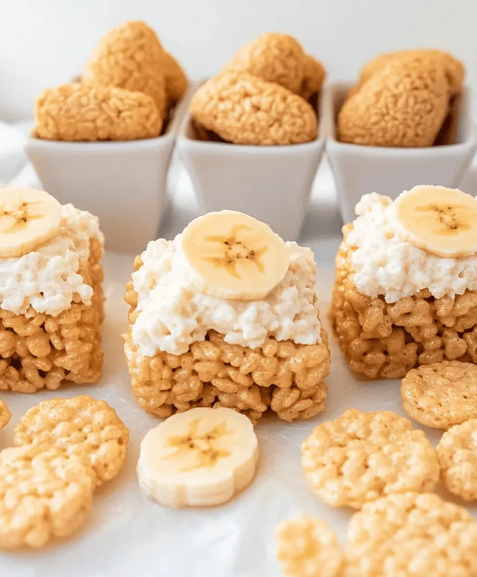 A close-up of sliced Banana Pudding Rice Krispies treats, showing the texture.
