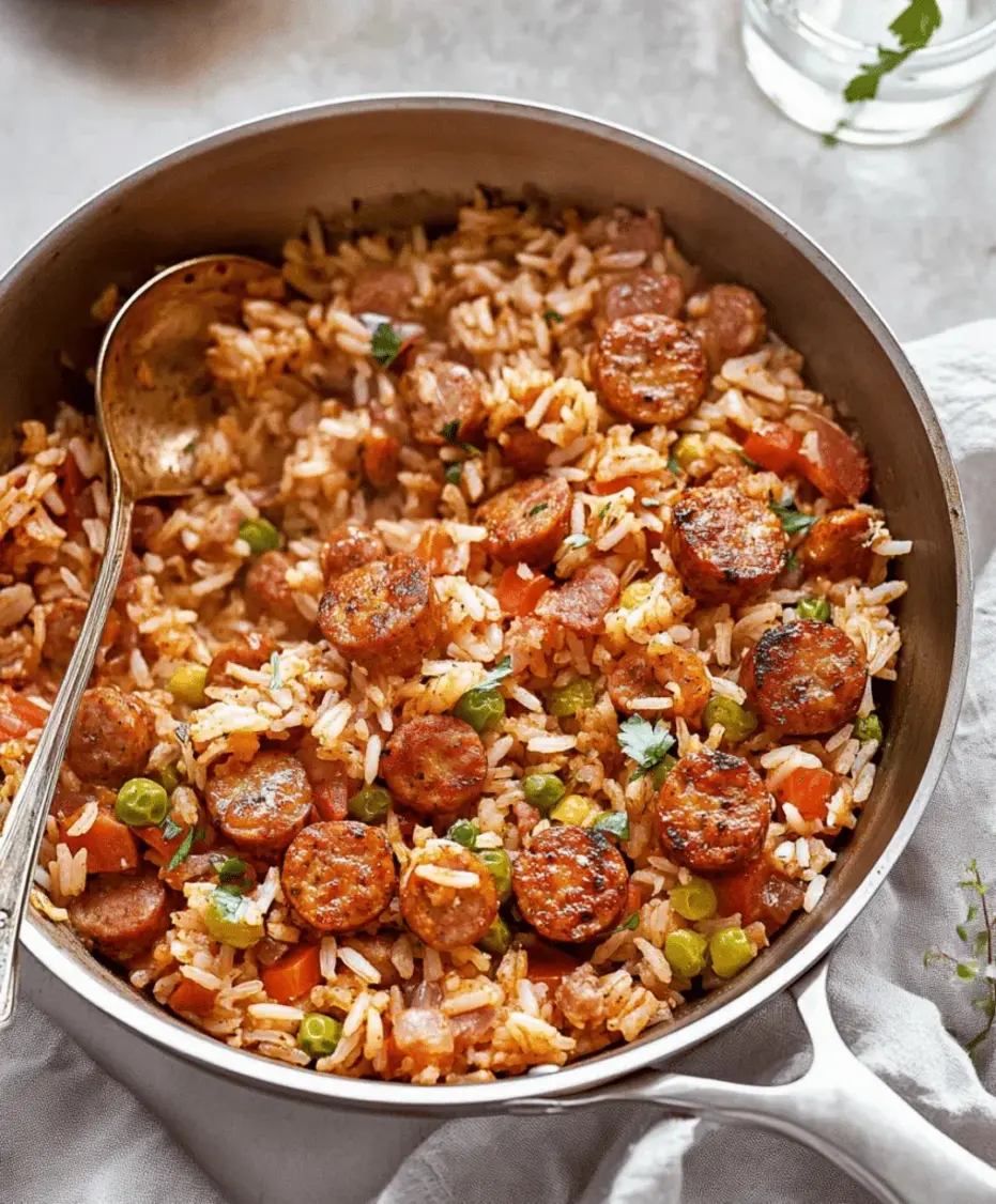 Cajun Sausage and Rice Skillet being prepared in a pan