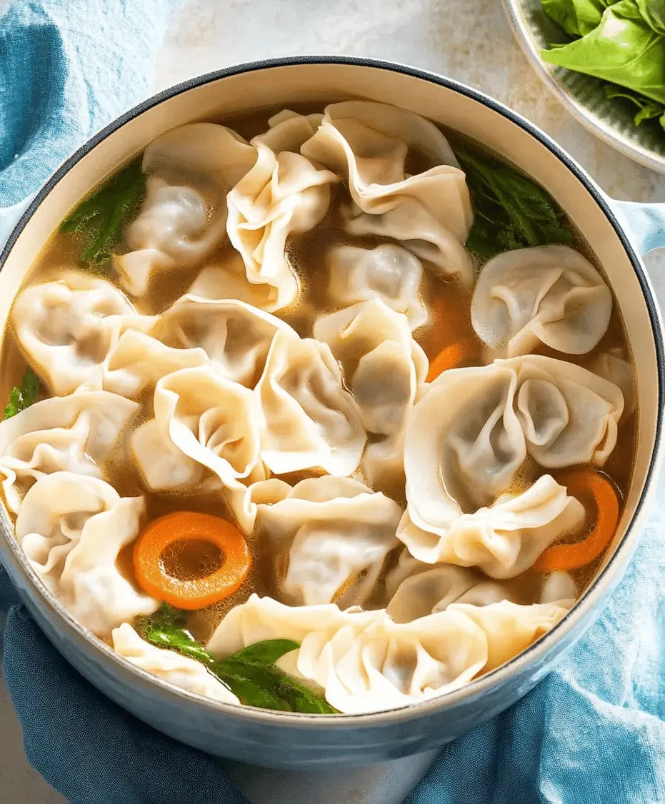 Close-up of a bowl of homemade wonton soup with fresh garnishes