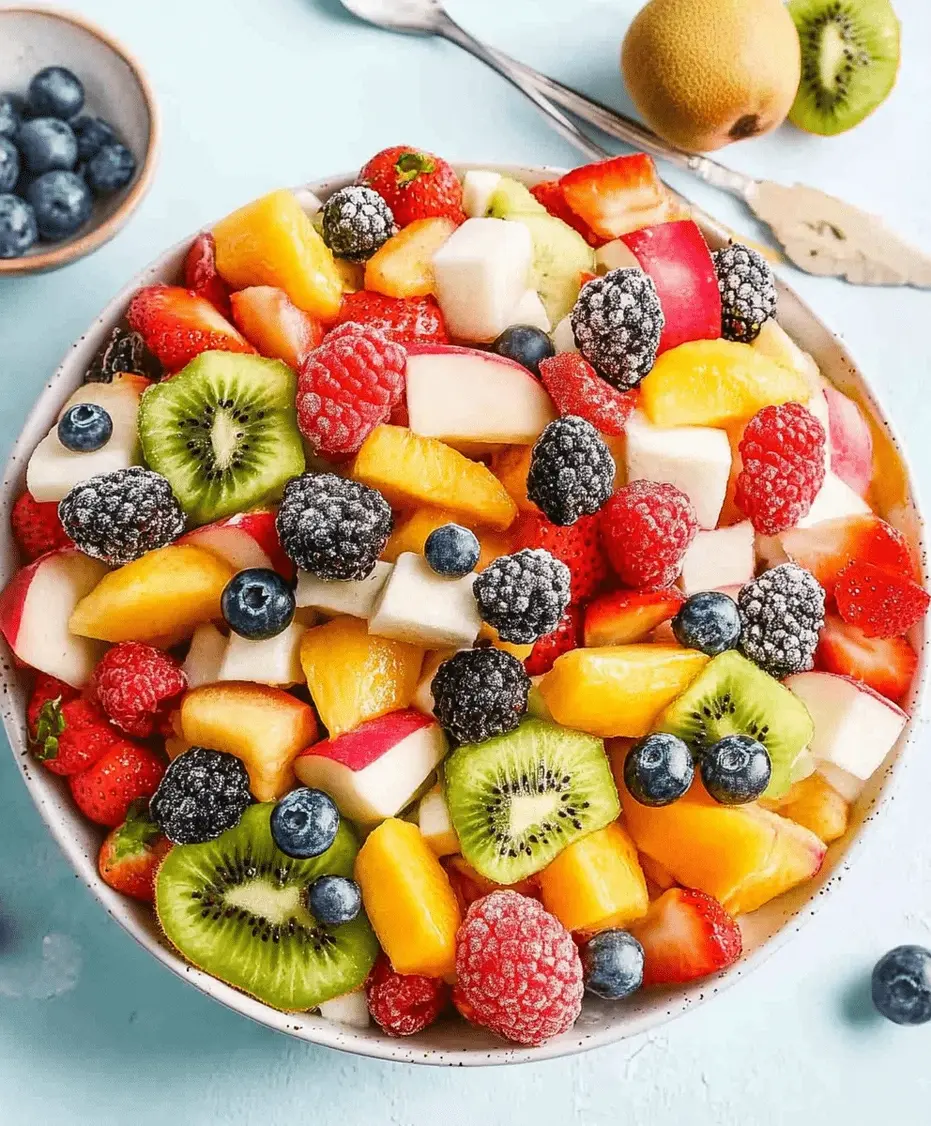 Close-up of a spoon scooping summer fruit salad.