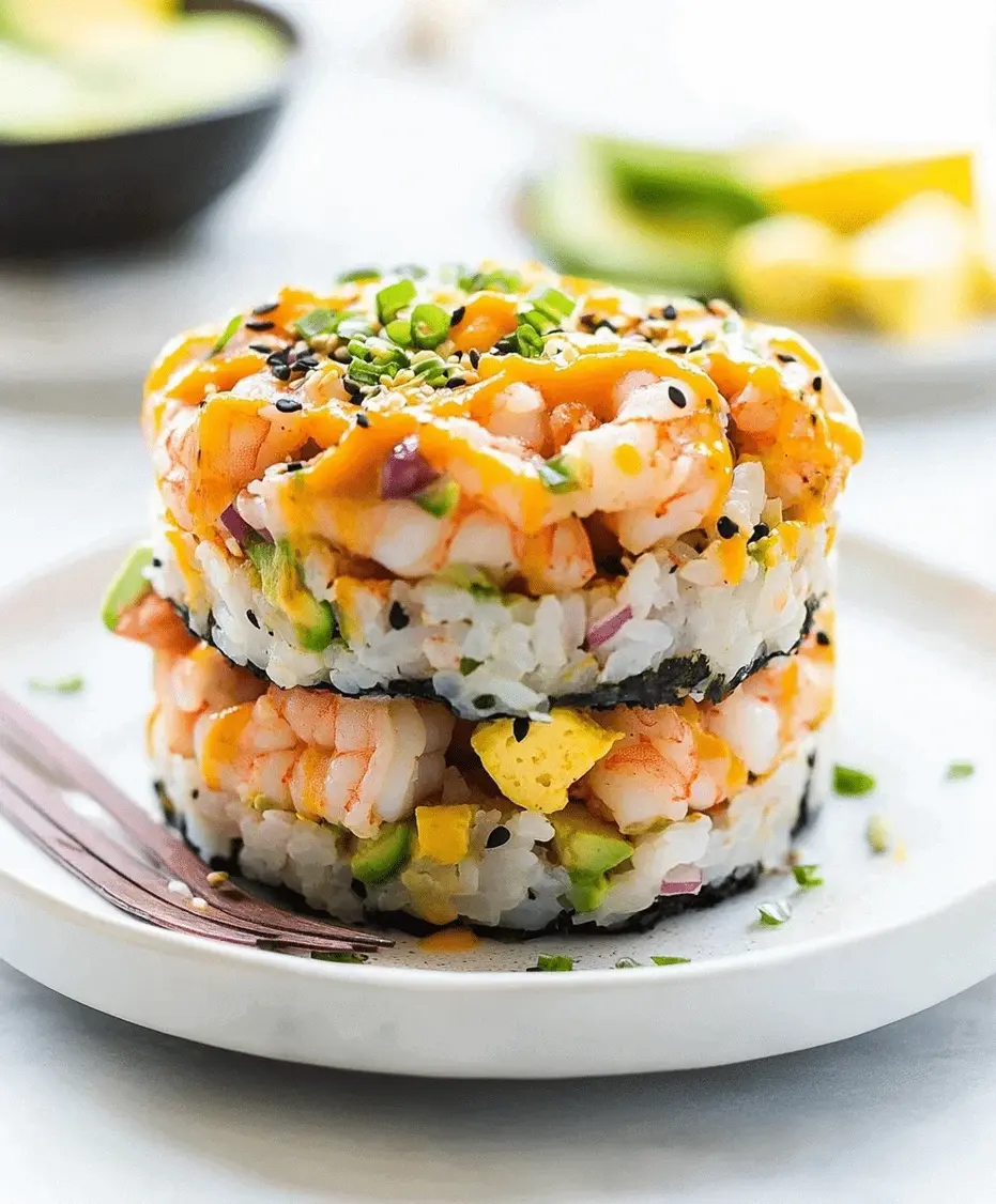 Close-up of a spicy shrimp sushi stack with garnishes