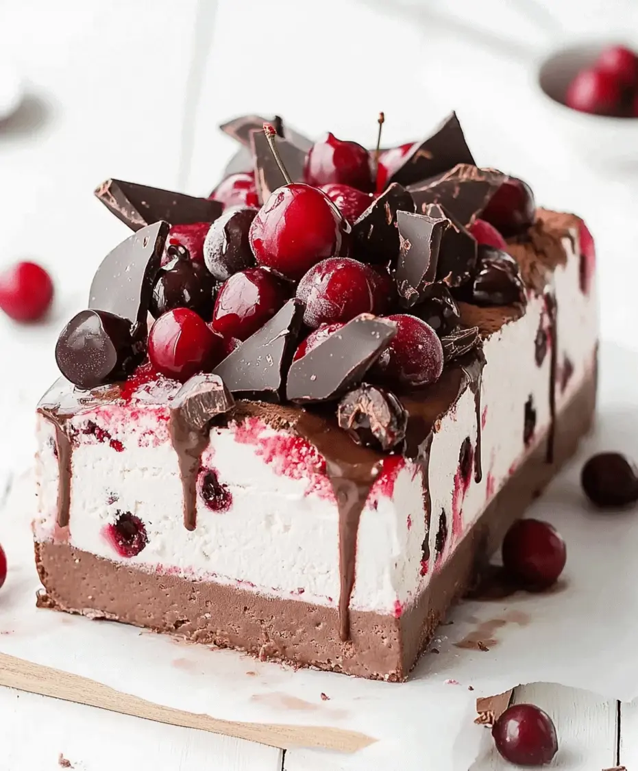 Close-up of a Cherry Chocolate Ice Cream Cake slice showing the distinct layers.