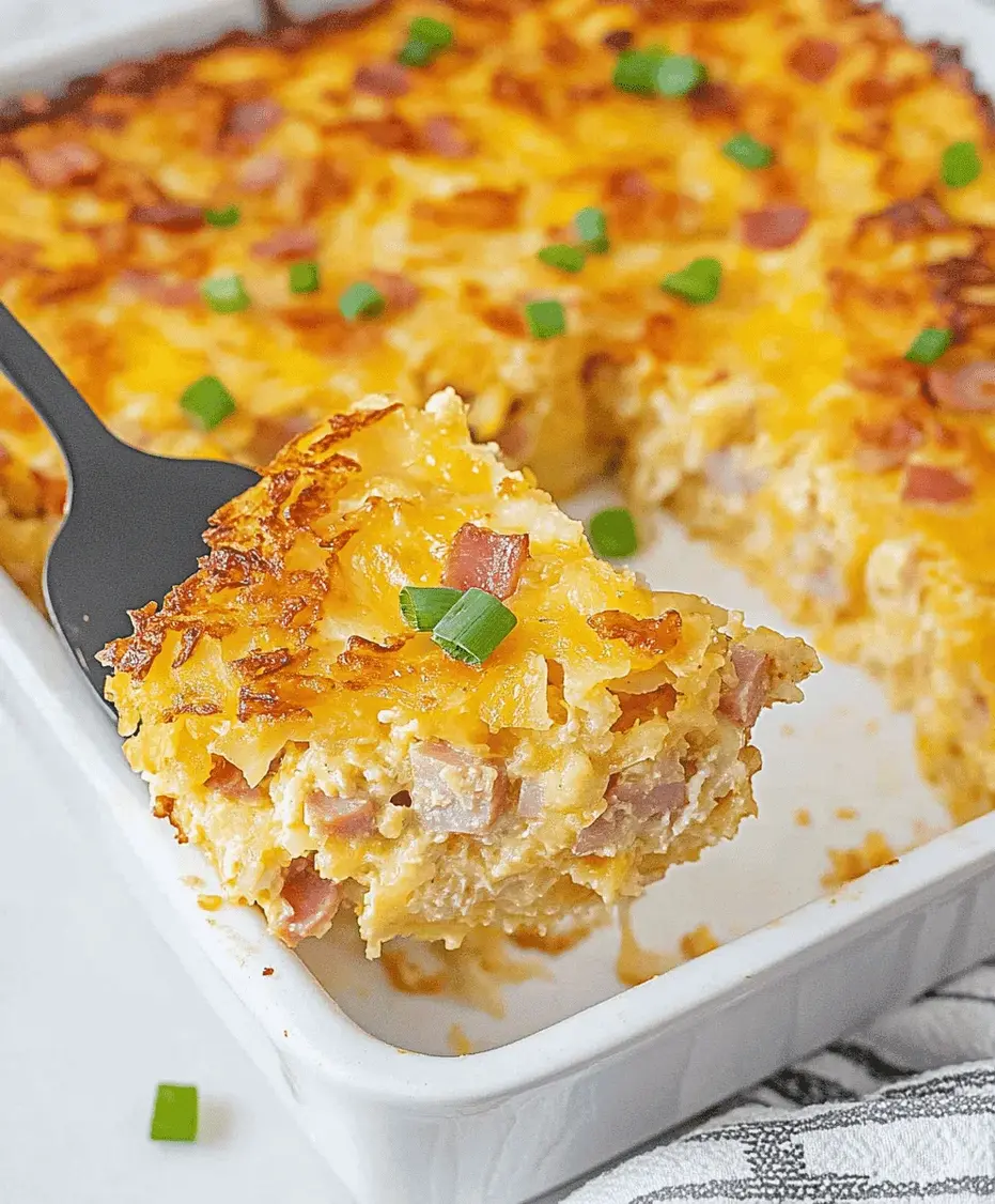 Cheesy hashbrown breakfast casserole with ham in a baking dish.