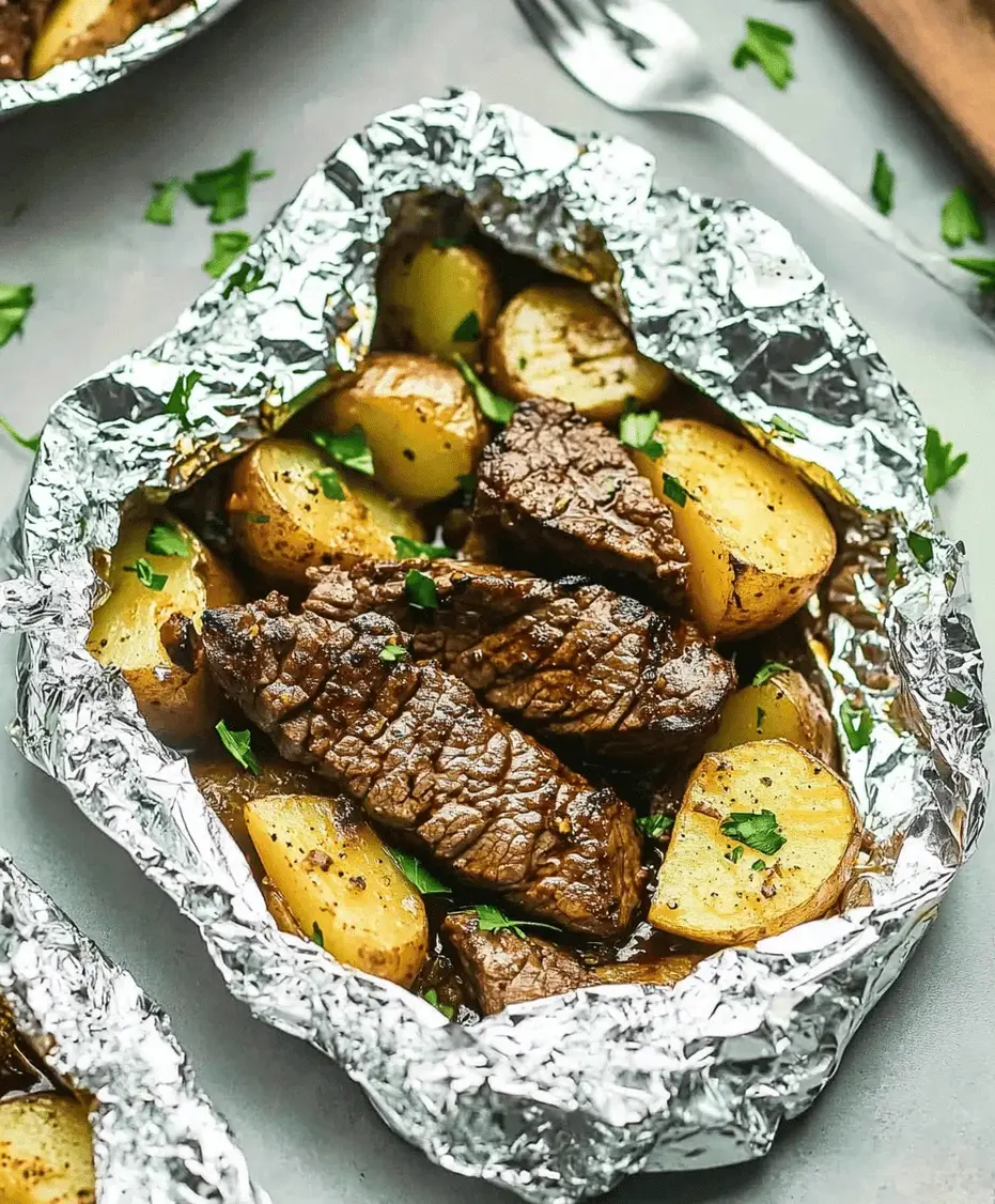 Close-up of opened Garlic Steak & Potato Foil Packet showing juicy steak and potatoes