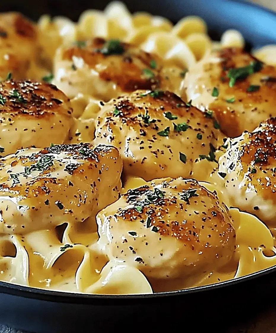Close-up of creamy buttered noodles with chicken.
