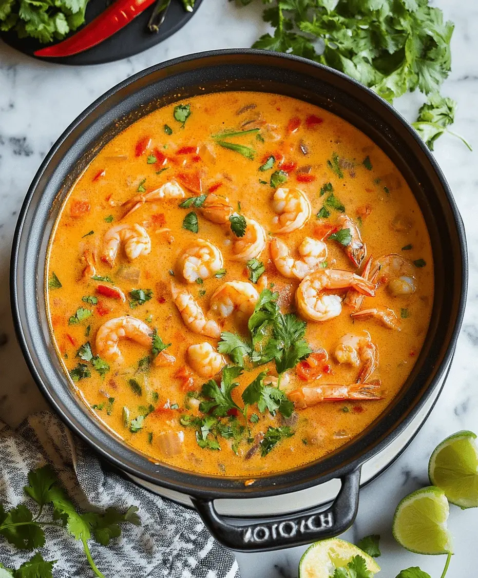 Close-up of spicy shrimp soup ingredients being prepared