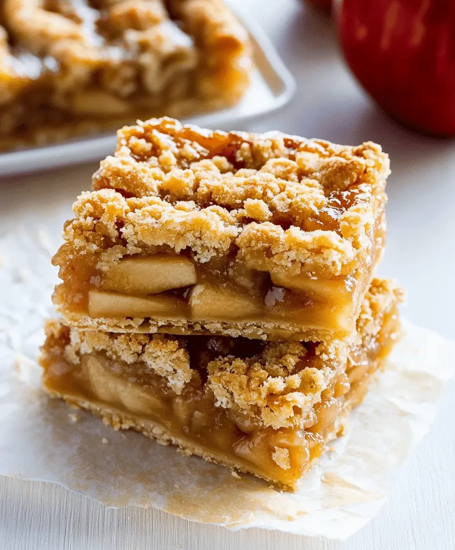 Close-up of a flaky apple pie bar with cinnamon spices