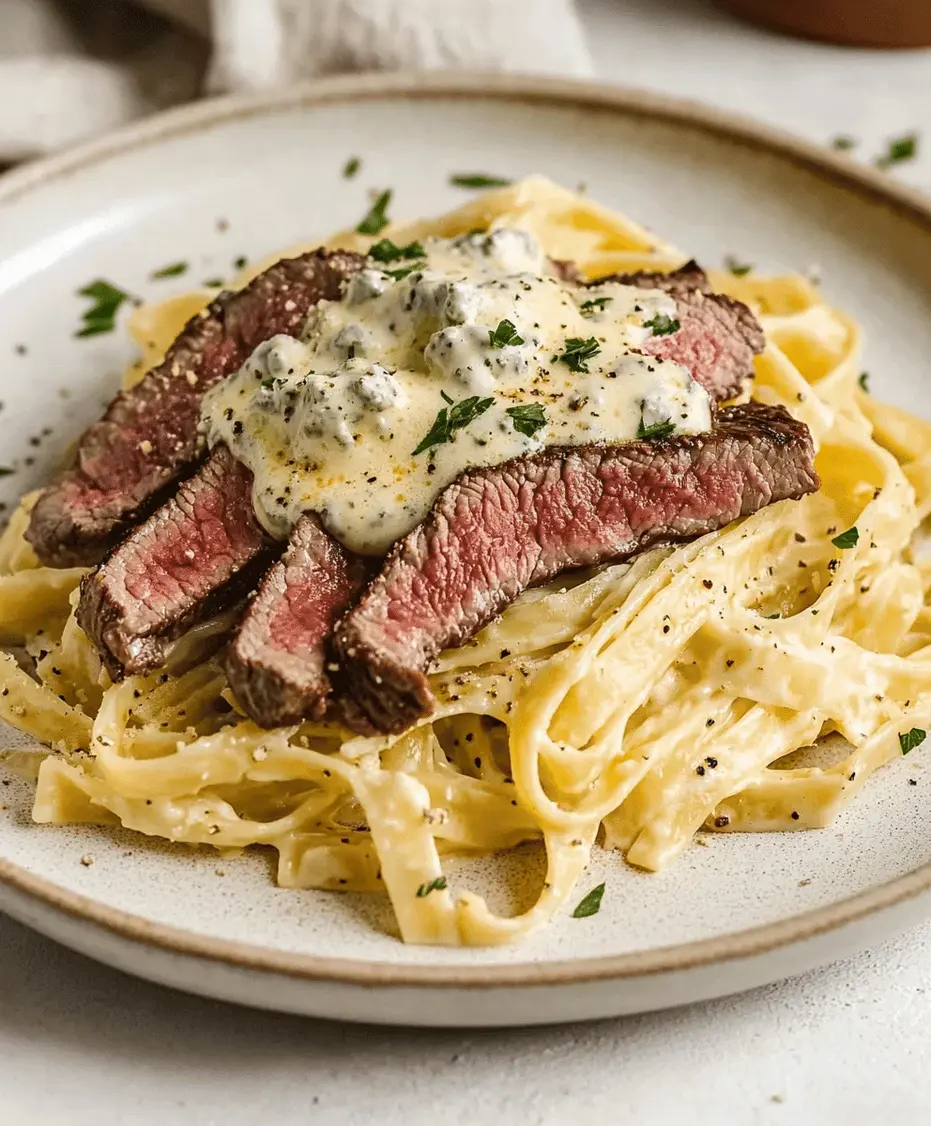 Close-up of Steak Gorgonzola Alfredo pasta, showing the creamy sauce and steak pieces