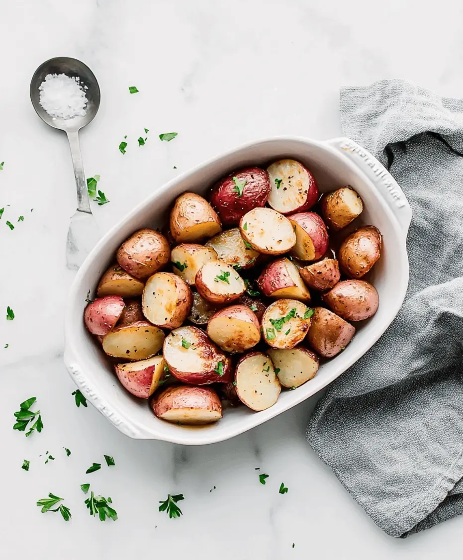 Close-up of roasted new red potatoes with visible herbs and browning
