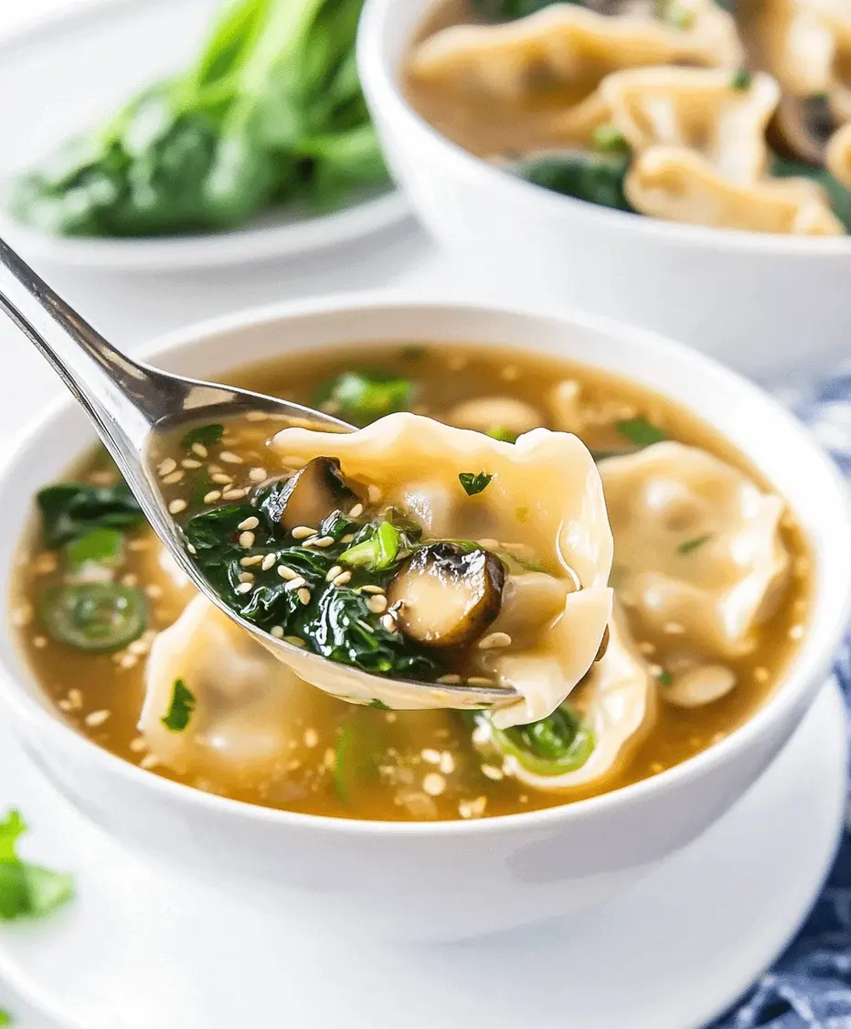 Close-up of potsticker soup ingredients being prepared.