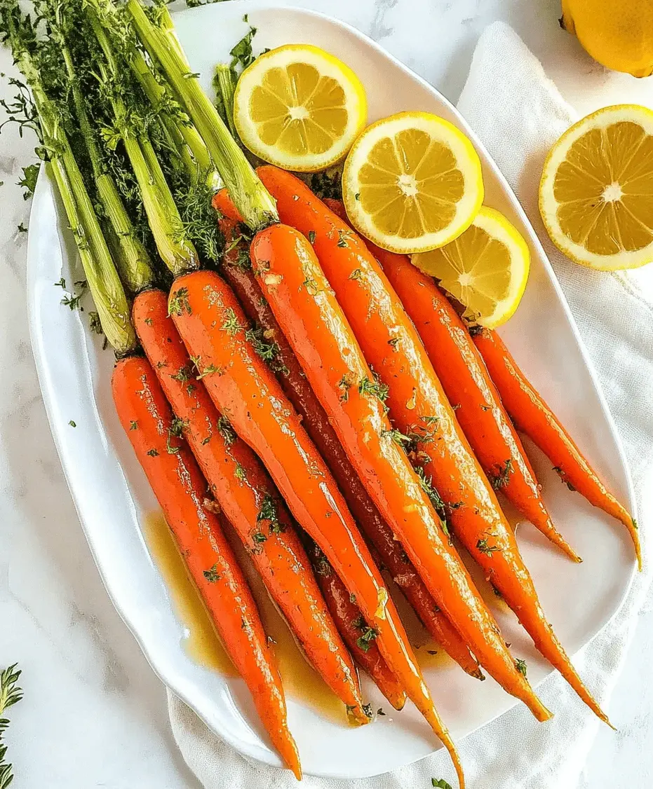 Close-up of lemon-glazed carrots garnished with chopped parsley on a serving platter.