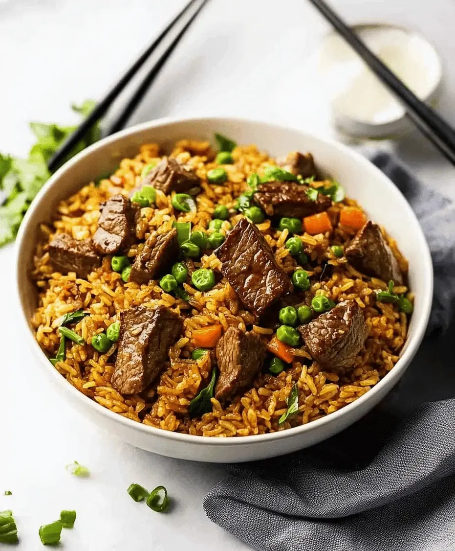 Close-up of Garlic Butter Steak Fried Rice in a skillet