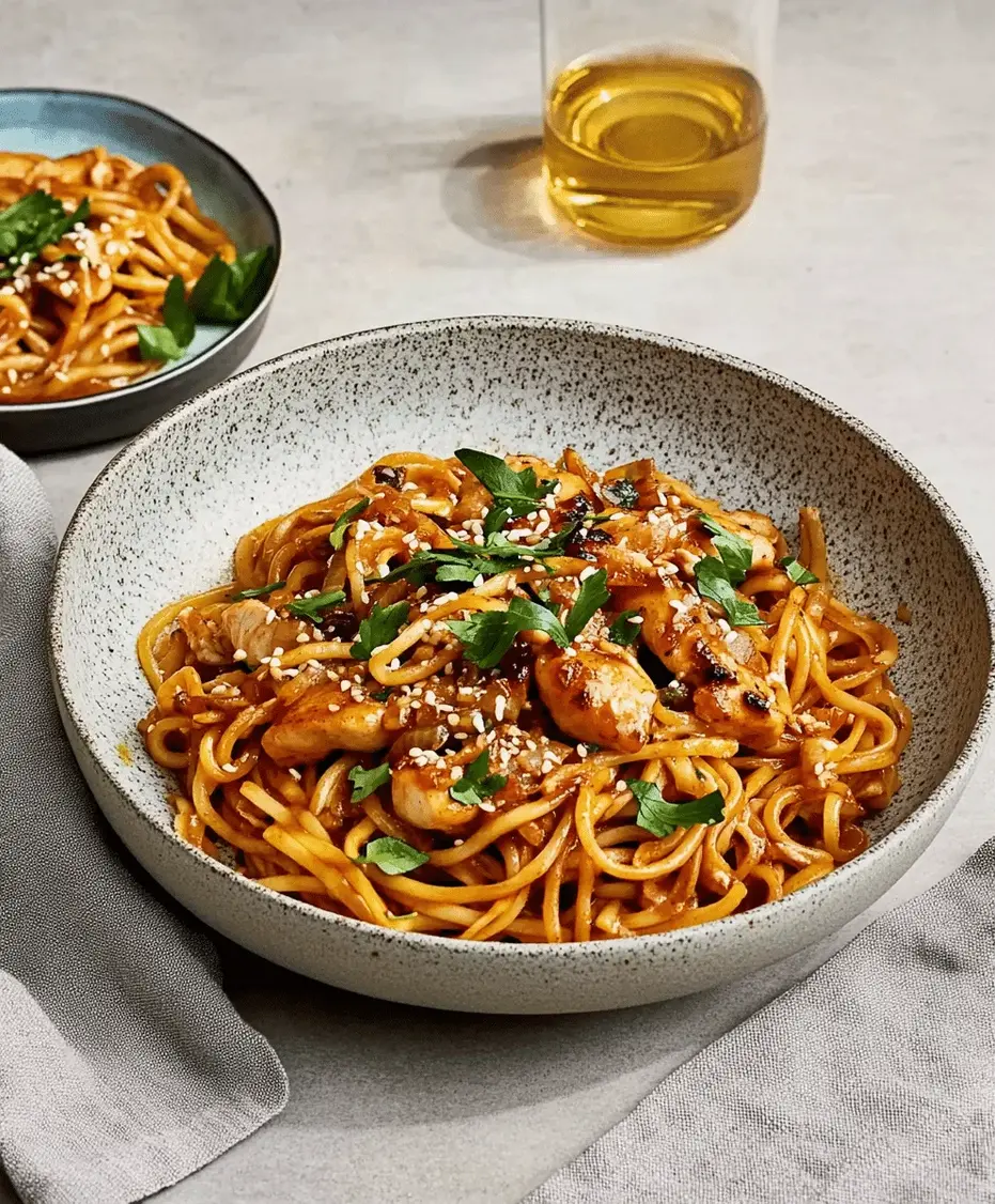 Close-up of honey garlic chicken and noodles with garnishes