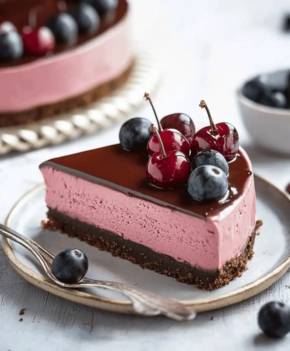 A slice of cherry chocolate cheesecake with a fork