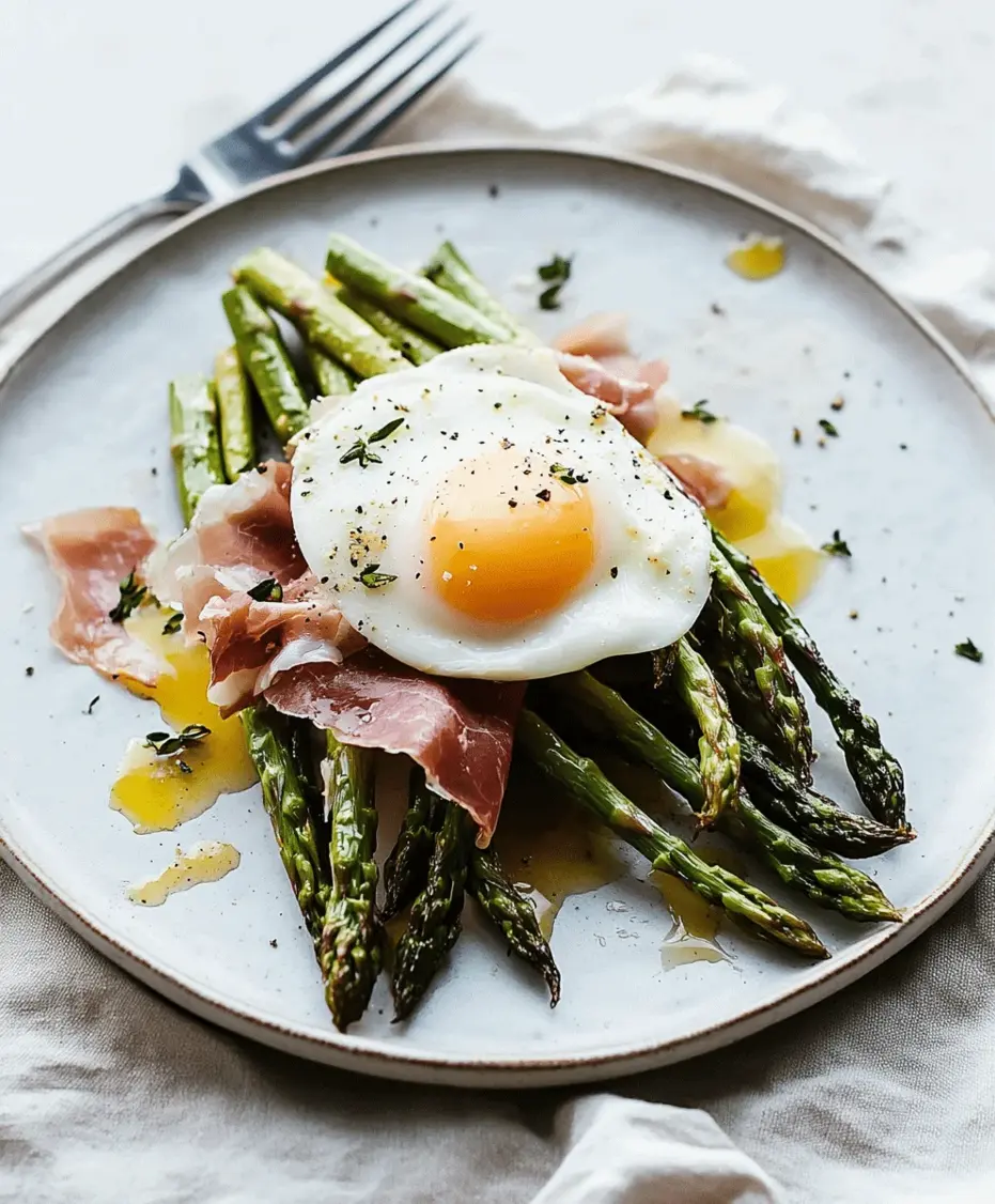Close-up of roasted asparagus with prosciutto and a perfectly cooked egg.