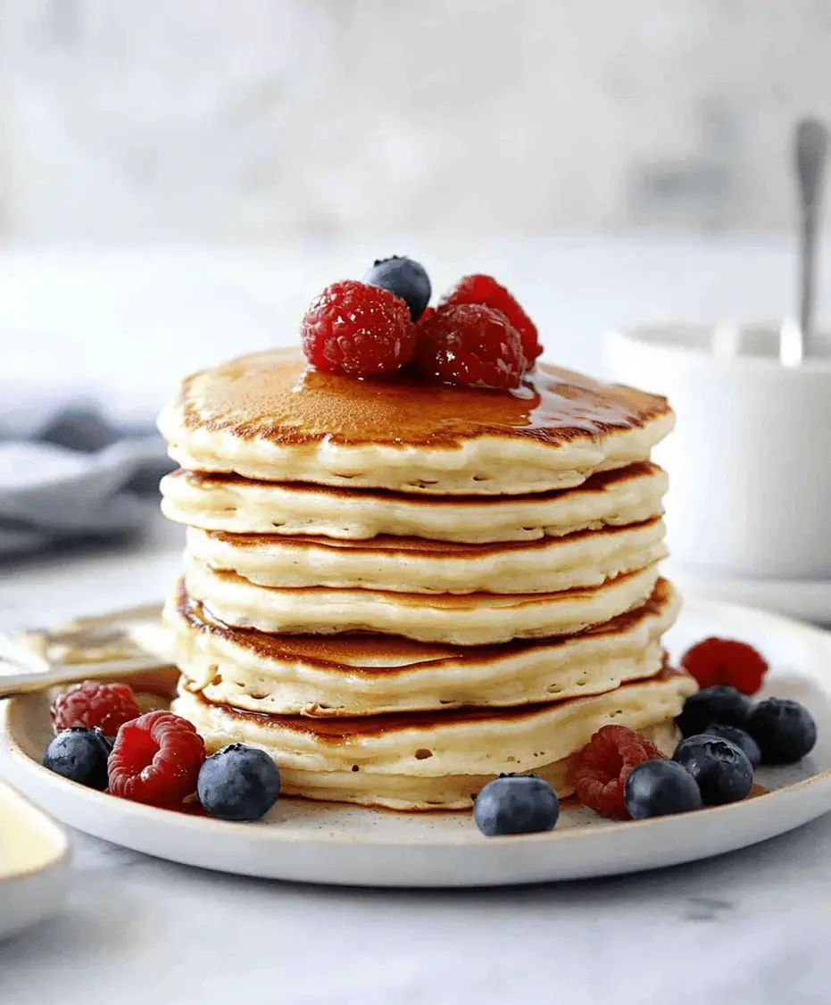 Stack of pancakes with berries and syrup being poured