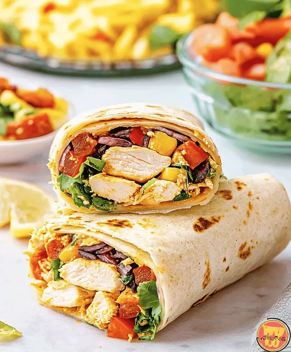 Close-up of ingredients for a Southwest Chicken Wrap, including chicken, beans, corn, and vegetables.