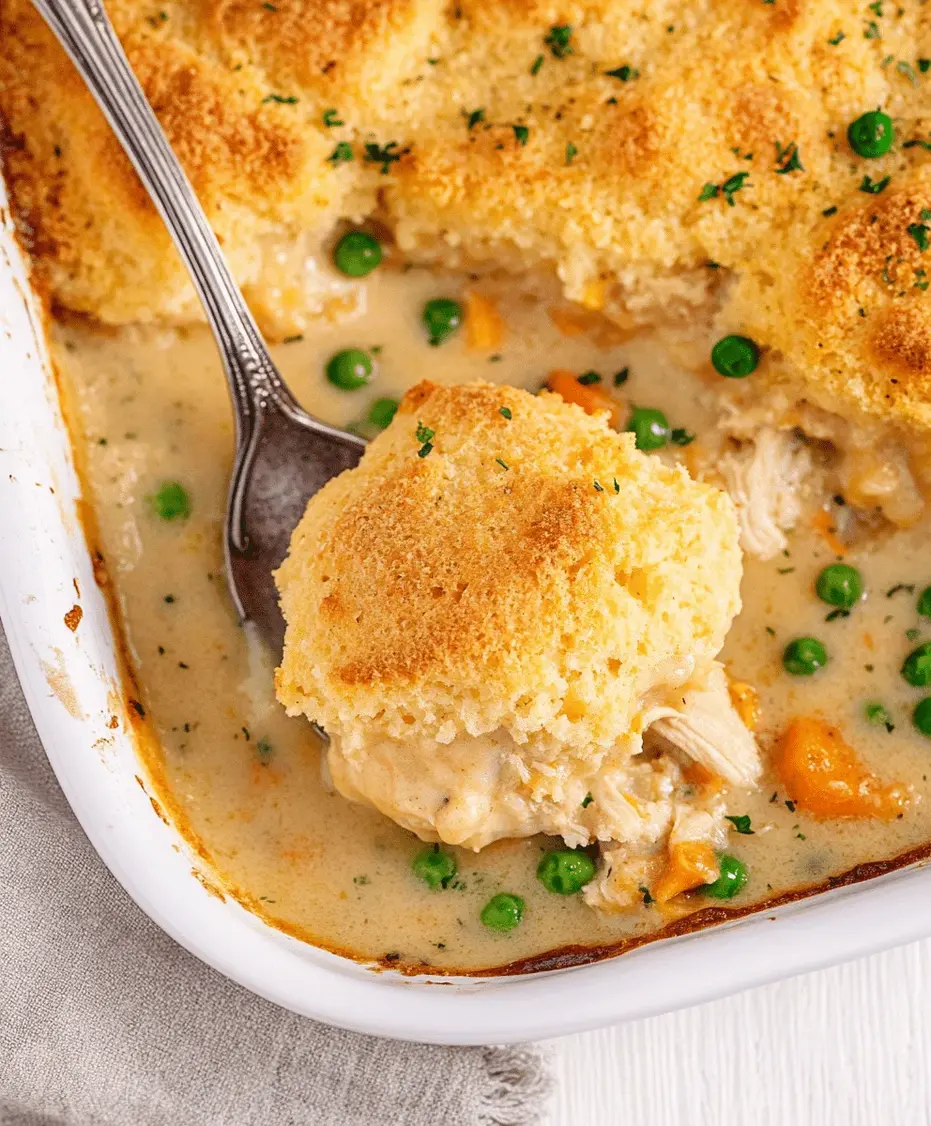 Close-up of golden cheddar bay biscuits on top of chicken cobbler.