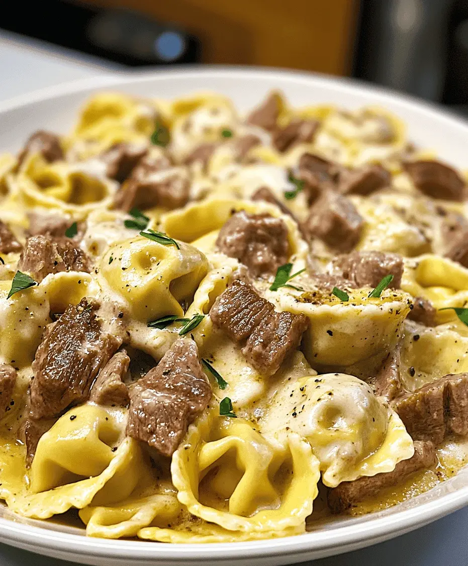 Close-up of delicious Cheesesteak Tortellini in Provolone Sauce