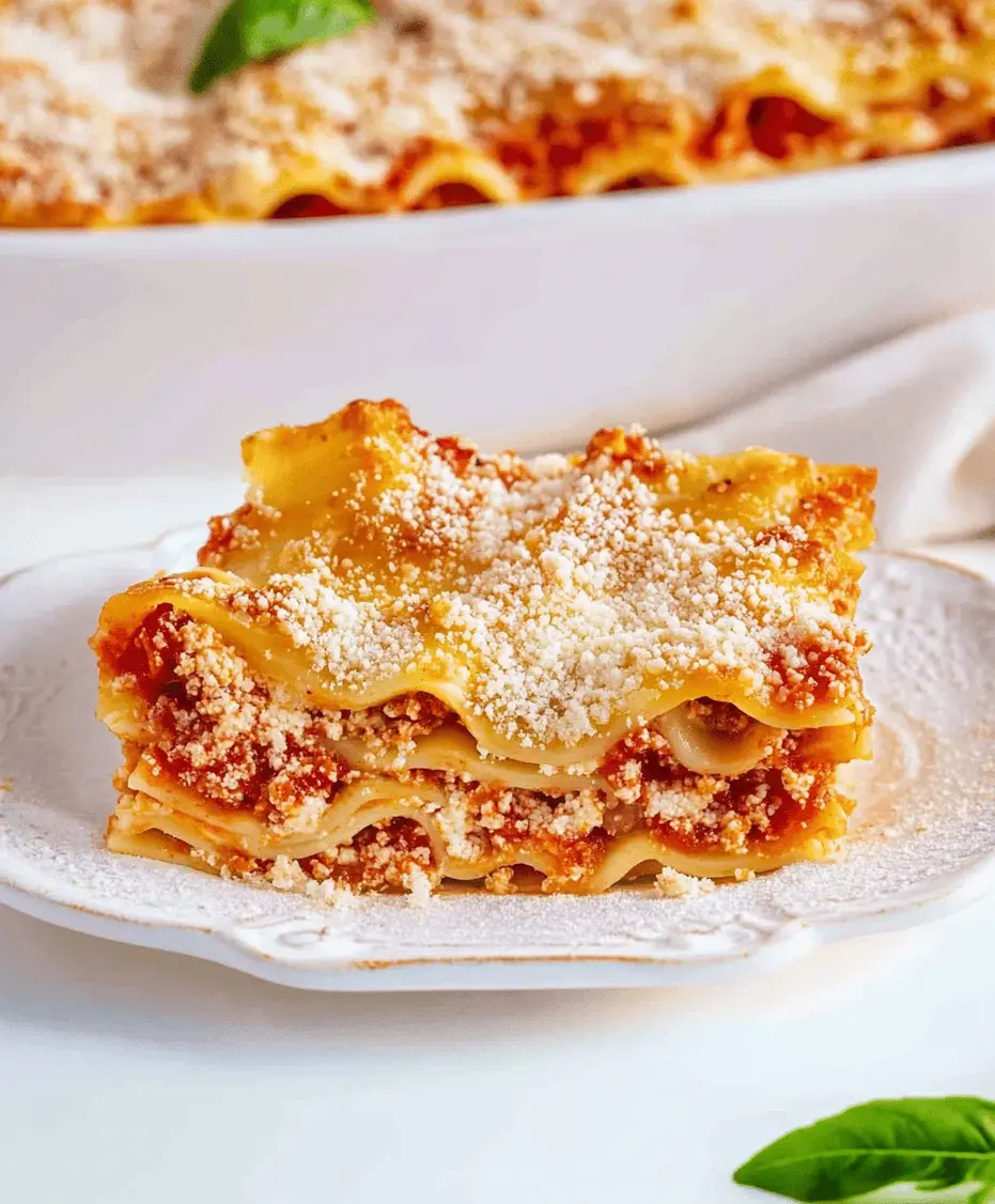 Close-up shot of a slice of Million Dollar Lasagna showing the distinct layers of noodles, meat sauce, and creamy ricotta.