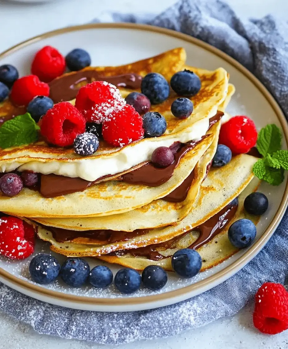 Close-up of a folded Nutella cream-filled crepe with a dusting of powdered sugar.