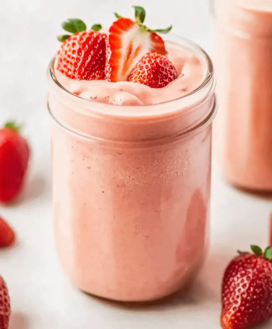A vibrant, creamy fat-burning strawberry smoothie in a glass, garnished with a strawberry slice and mint leaves.