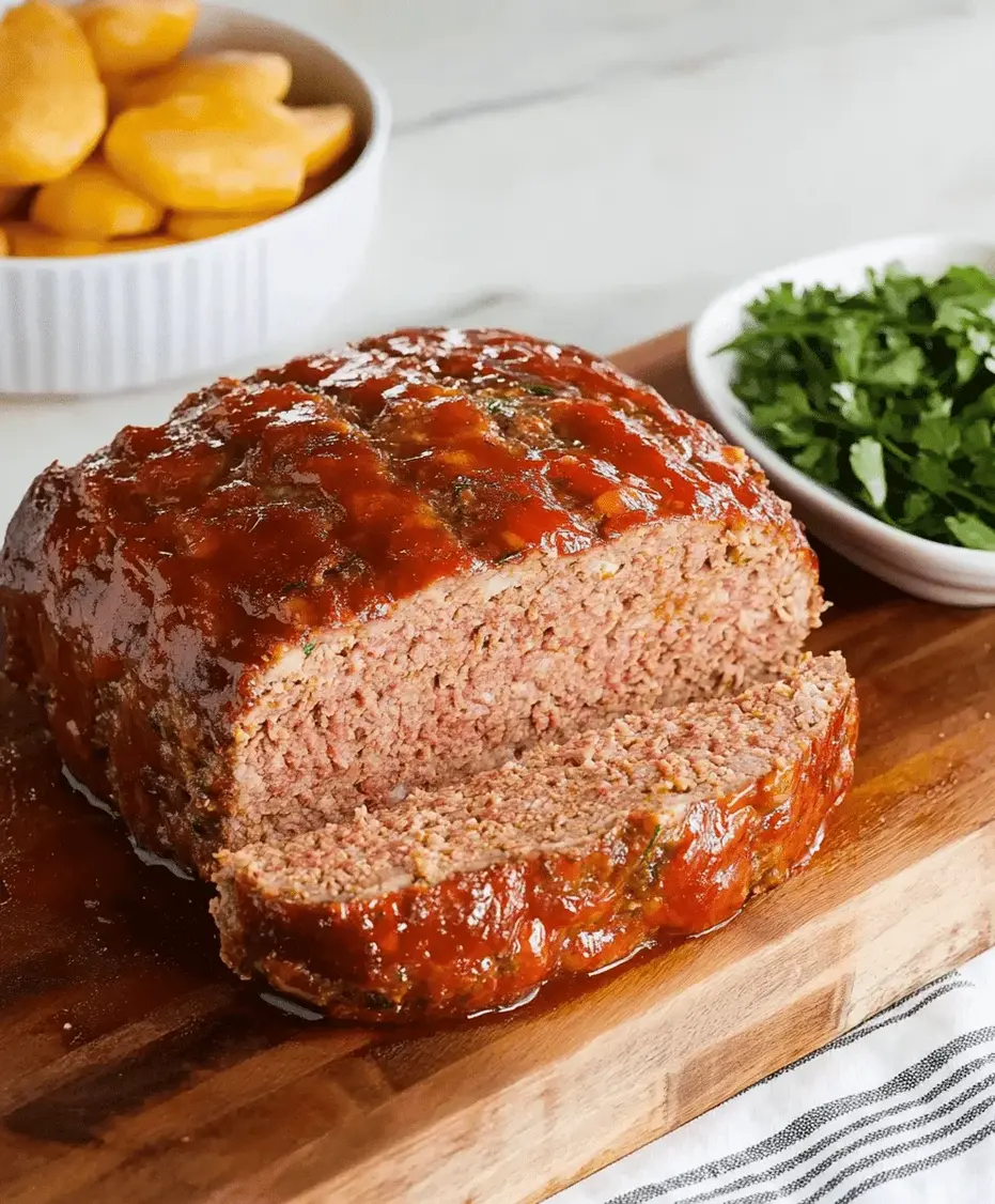 A slice of meatloaf on a plate with mashed potatoes and green beans.