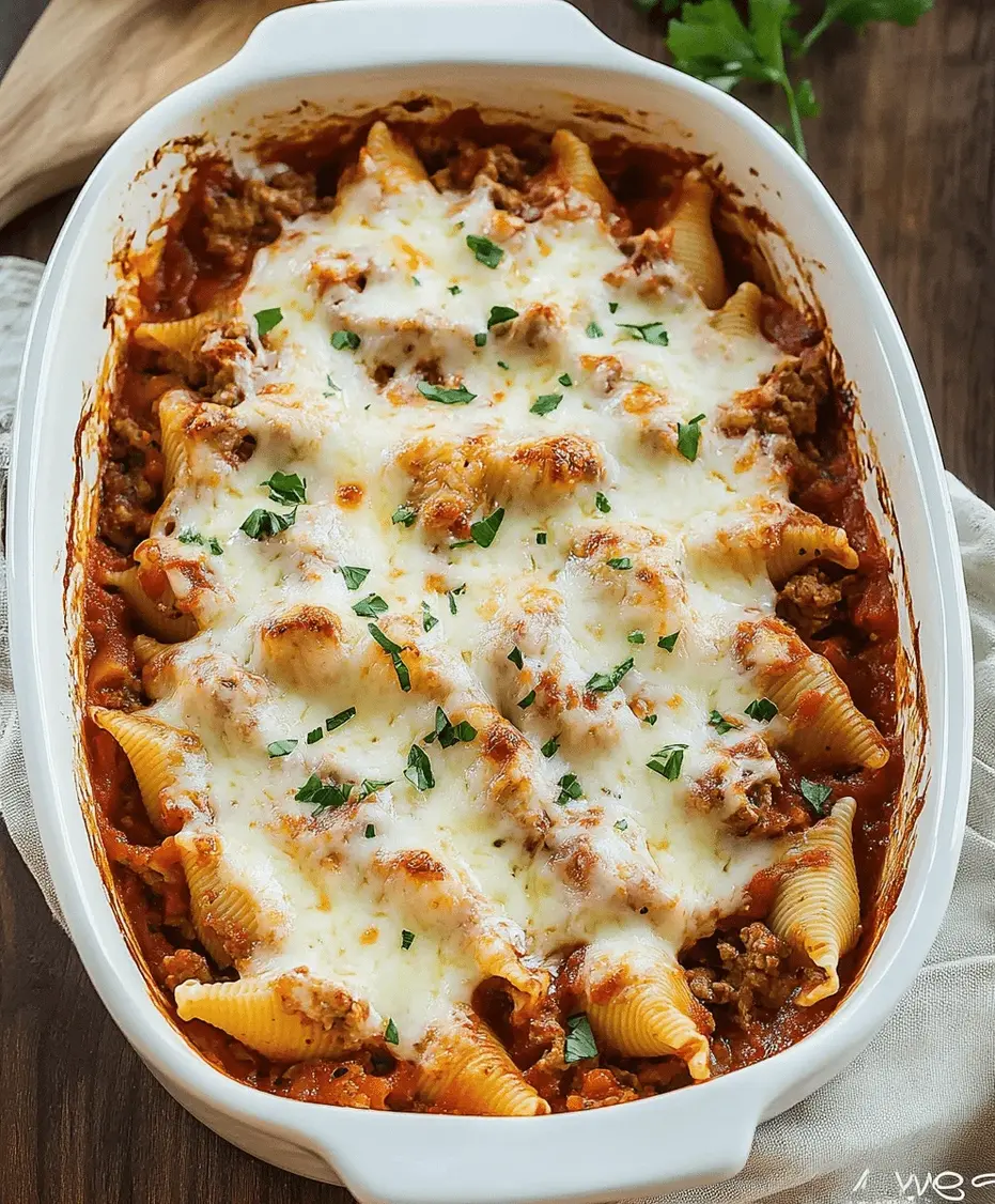 Creamy Ricotta Beef Stuffed Shells in baking dish