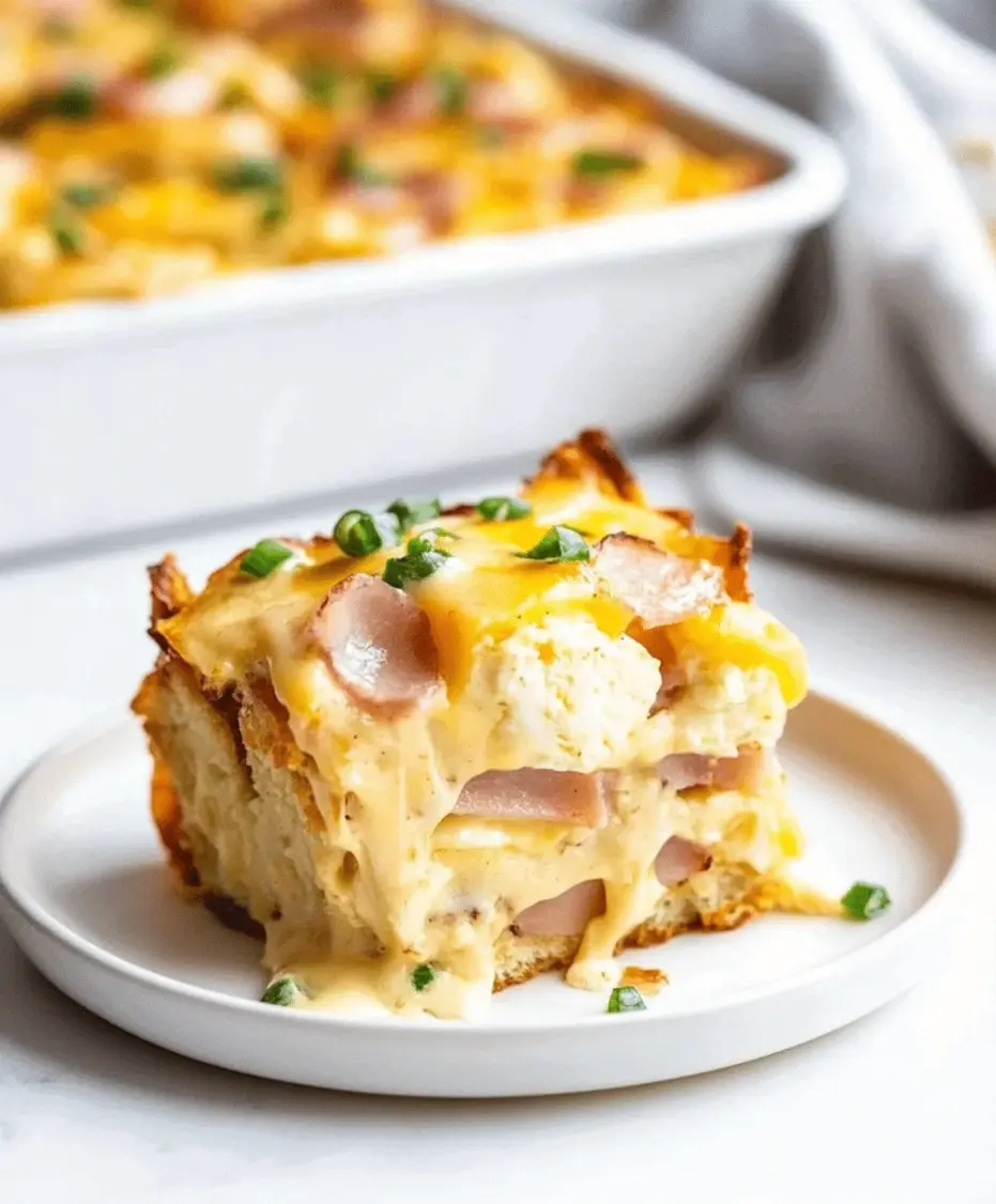 A serving of Easy Eggs Benedict Casserole on a plate, topped with hollandaise sauce and a sprinkle of chives, ready to be enjoyed.