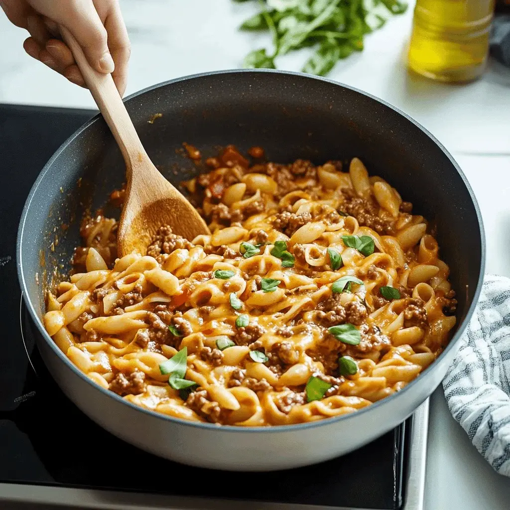 Bowl of one-pot cheeseburger pasta topped with pickles and cheese