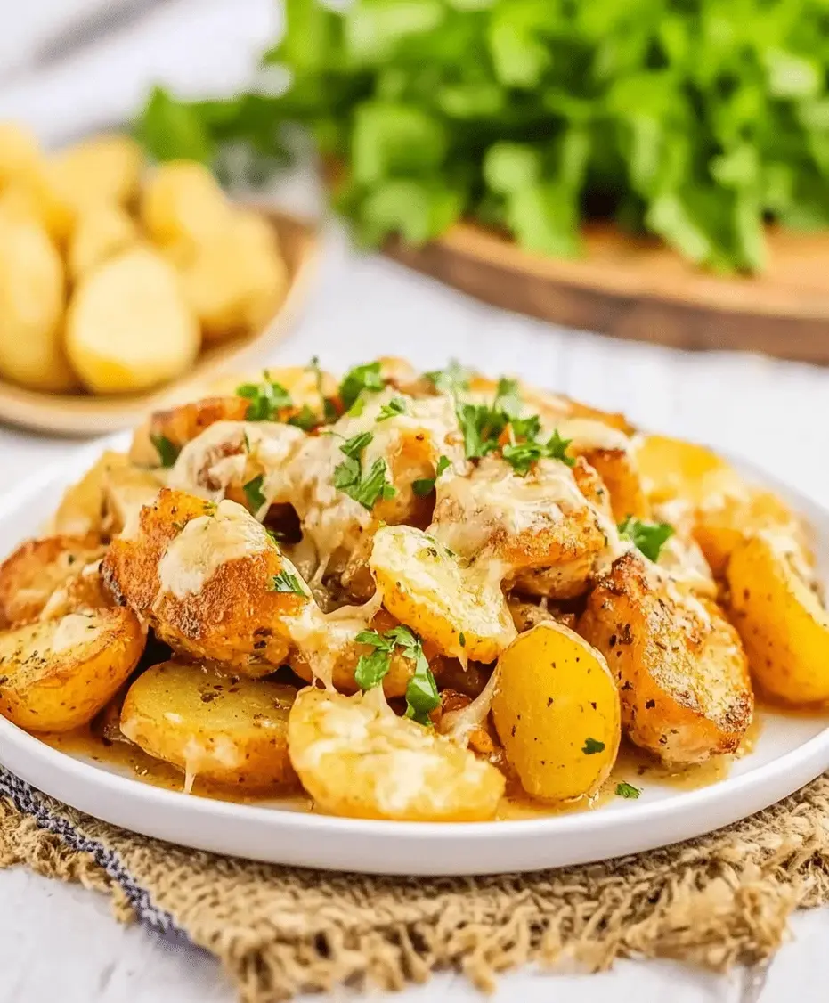 Close-up shot of the Garlic Parmesan Chicken and Potatoes Skillet in a cast iron pan, showing the creamy sauce coating the ingredients.