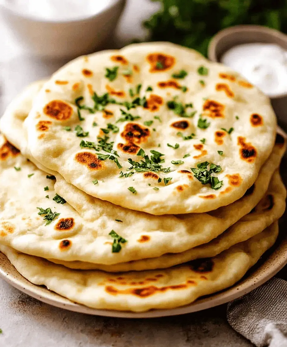 Stack of freshly cooked naan bread on a plate