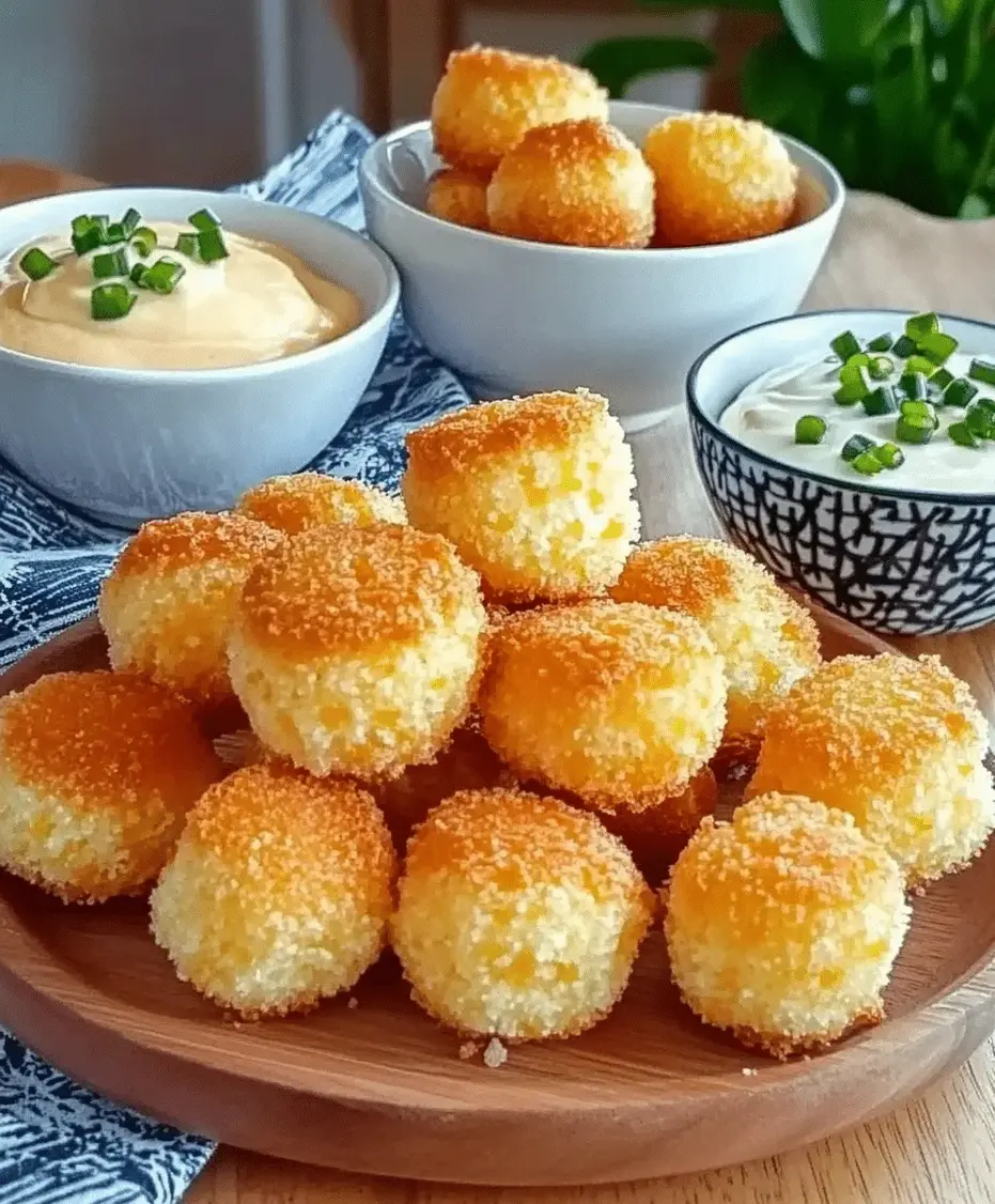 A bowl of Honey Butter Cornbread Poppers drizzled with sauce and garnished with chives