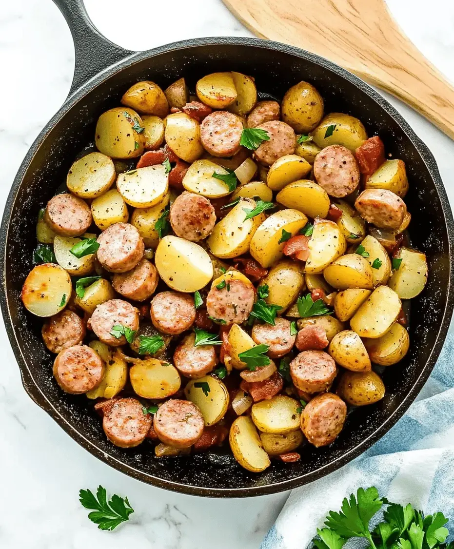 Close-up of Sausage and Potatoes Skillet in a serving dish