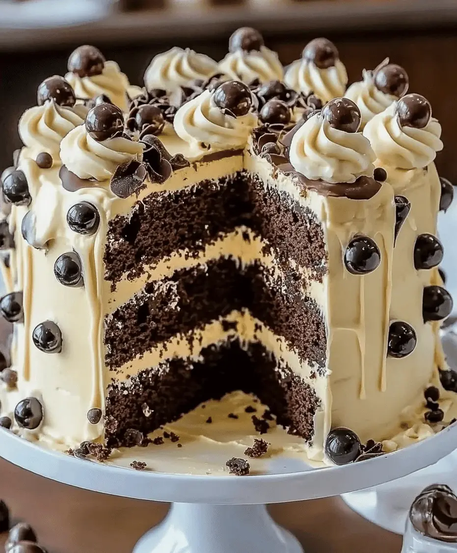 Finished chocolate cake with chocolate drizzle and crunchy topping