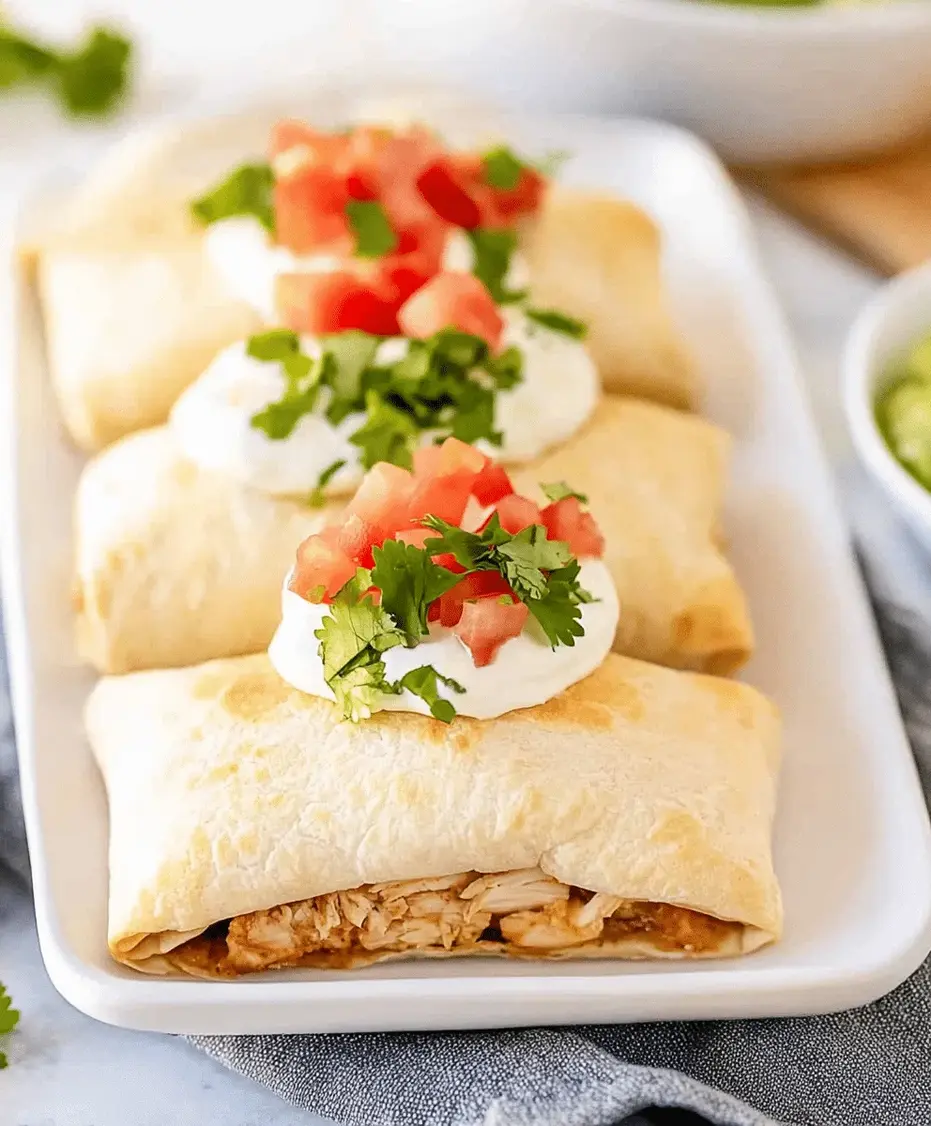 Close-up of a baked chicken chimichanga with toppings
