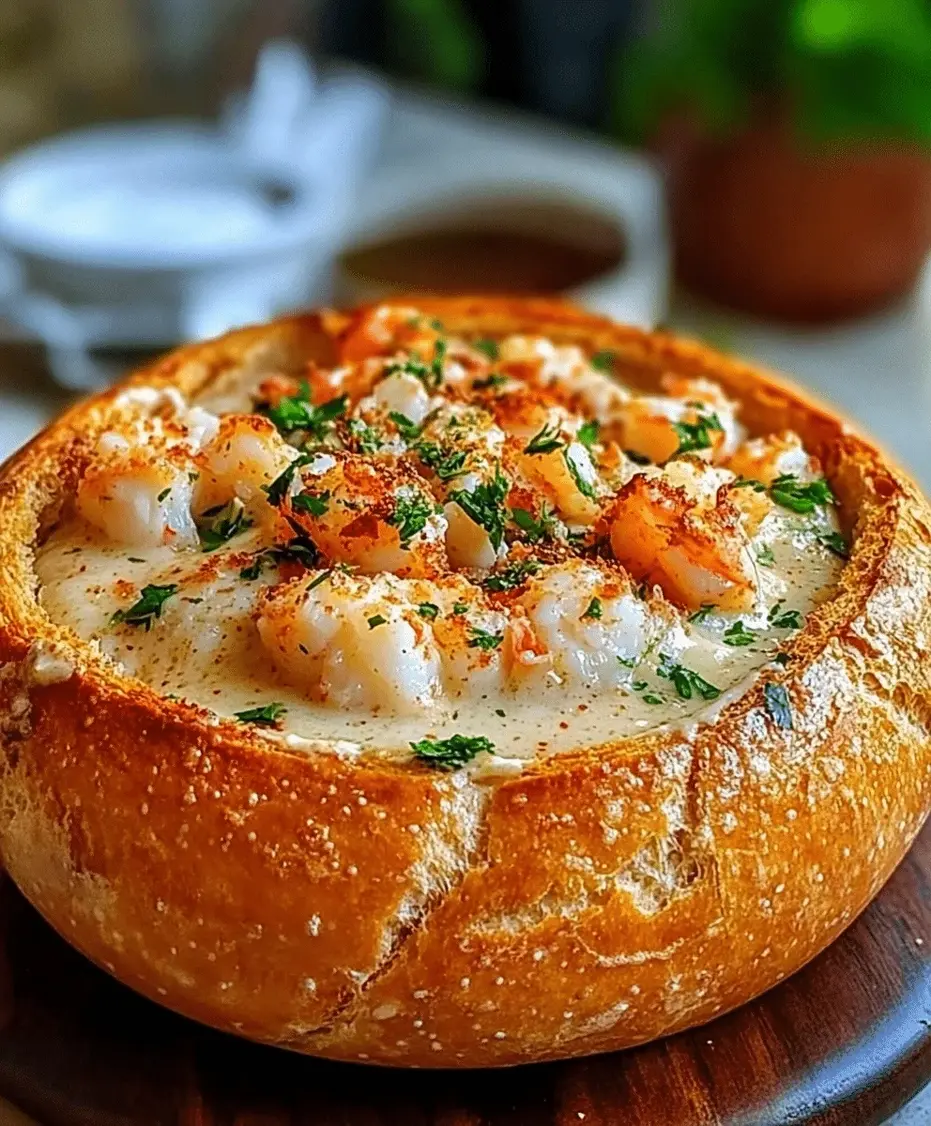 Close-up of a slice of stuffed seafood bread bowl on a plate.