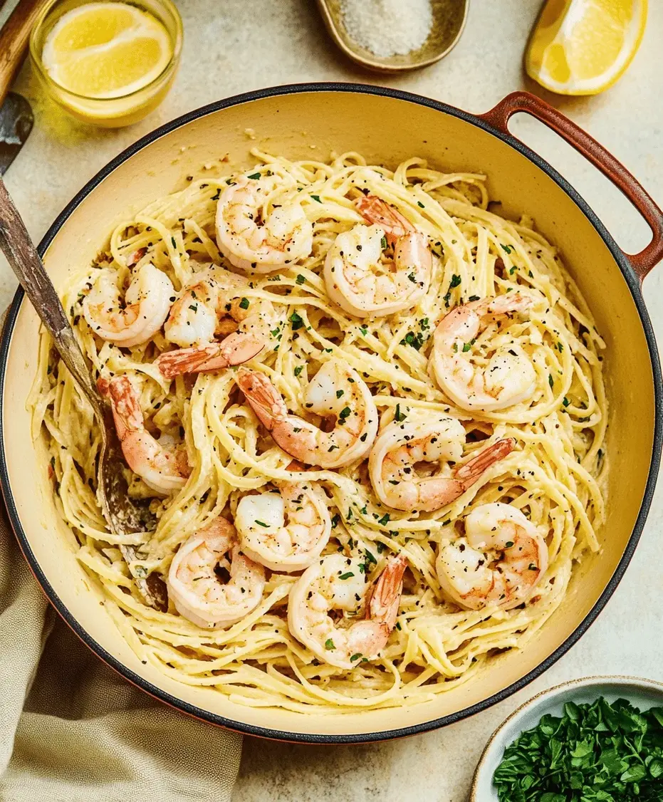 A close-up of Shrimp Scampi with Pasta in a serving bowl, garnished with parsley