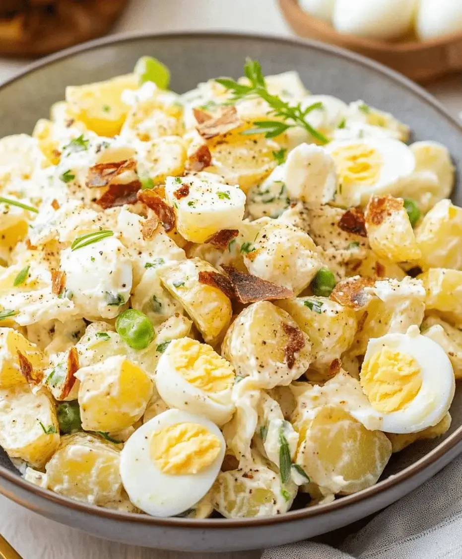 Close-up of creamy potato salad with visible chopped eggs and celery.