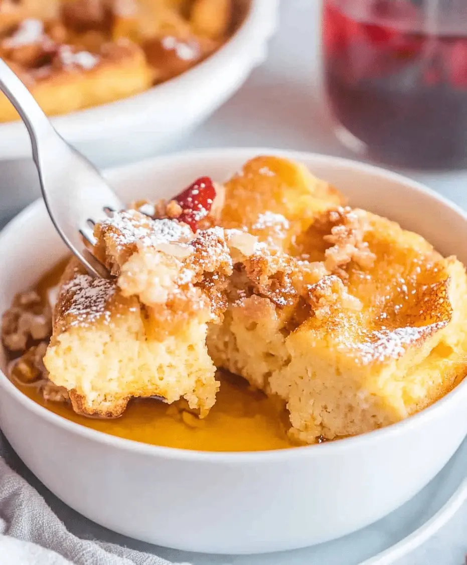 A slice of French Toast Casserole being served on a plate with syrup drizzled over it.
