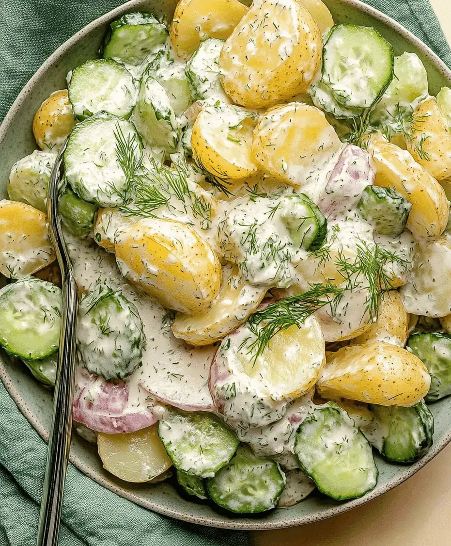 Close-up of potato and cucumber salad in a serving bowl, garnished with fresh dill