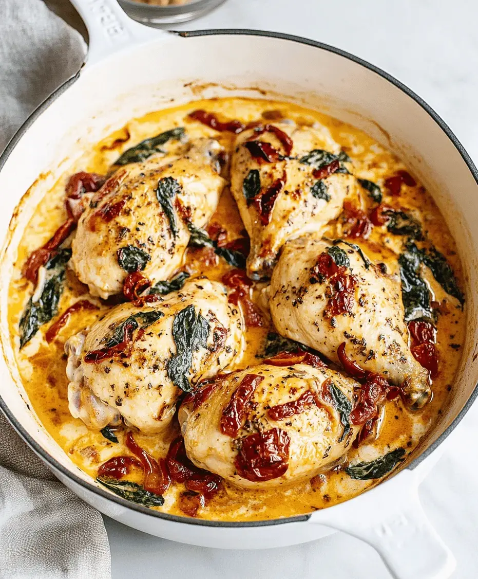 Close-up of creamy Tuscan Chicken with sun-dried tomatoes and spinach.